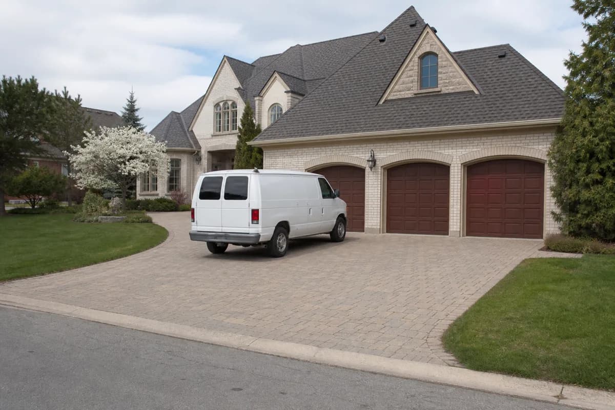 Electrician's van parked in the wide interlock driveway of a large estate-style detached home in Castlemore, Brampton
