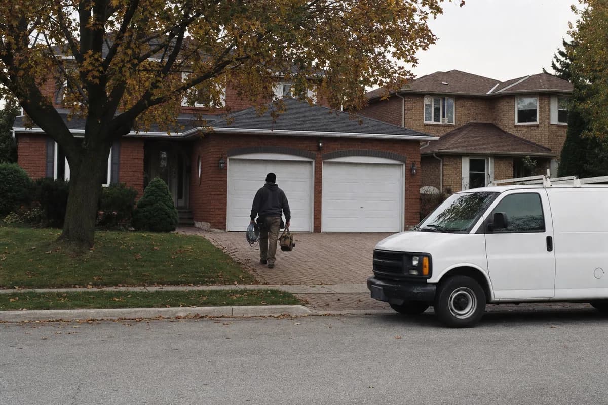 Electrician carrying a tool bag up the driveway of a two-storey red brick house with a double garage on a 1990s Mississauga street