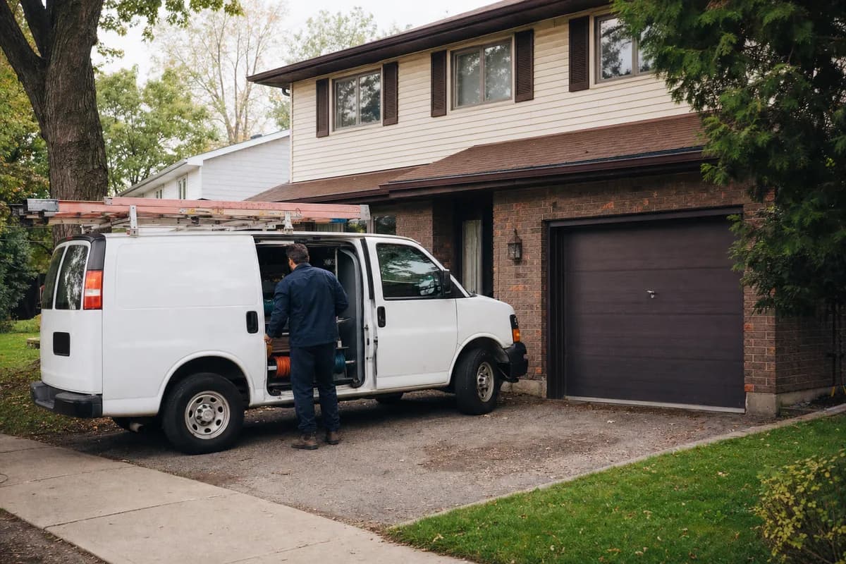Electrician at the open door of a work van in the driveway of a 1980s two-storey home with brick below and siding above