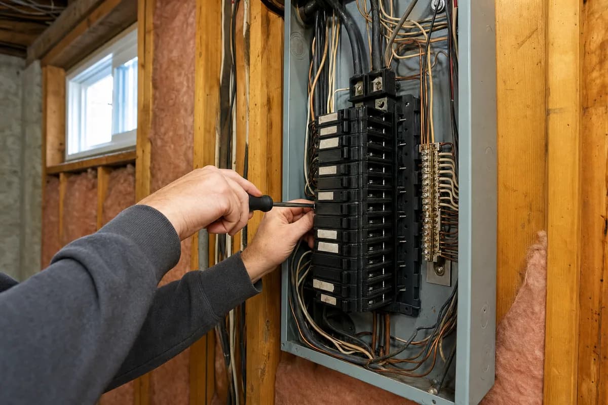 1980s breaker panel with the cover removed for inspection