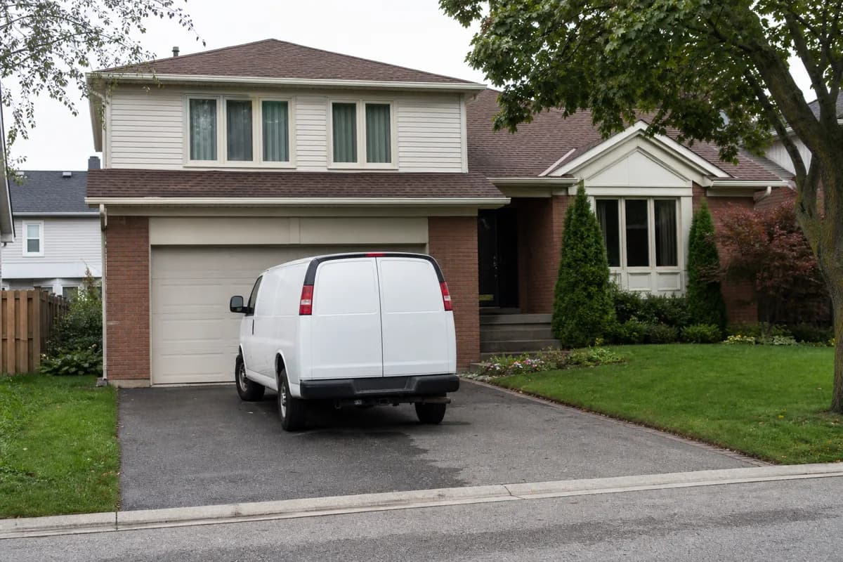 Electrician's van parked in the driveway of a large two-storey brick and siding detached home in Springdale, Brampton