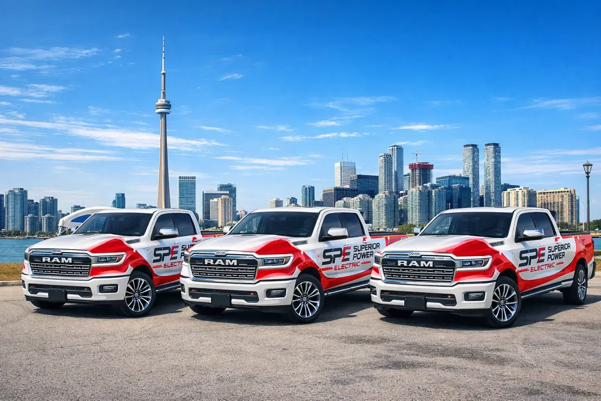 Superior Power Electric service truck parked in front of the Toronto CN Tower skyline - licensed electricians serving Brampton and the GTA