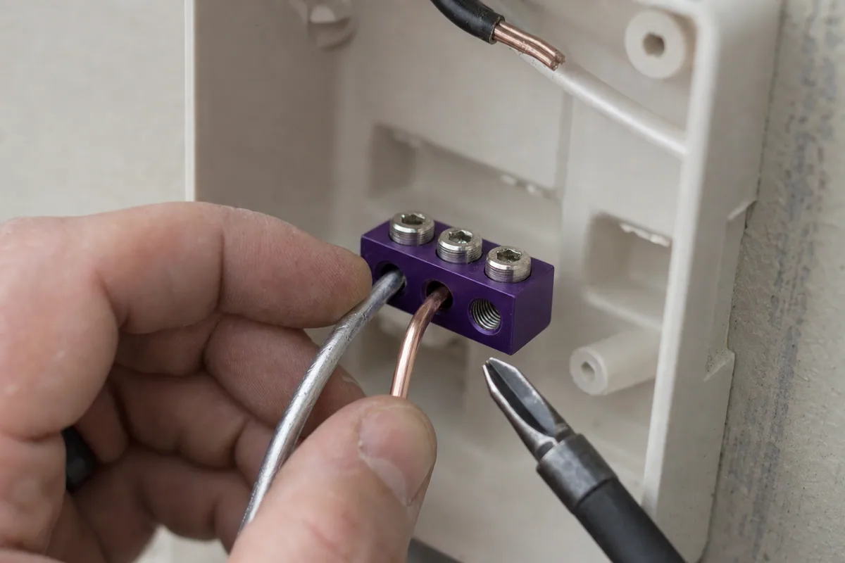 Purple set-screw lug connector joining an aluminum conductor to a copper pigtail inside a device box