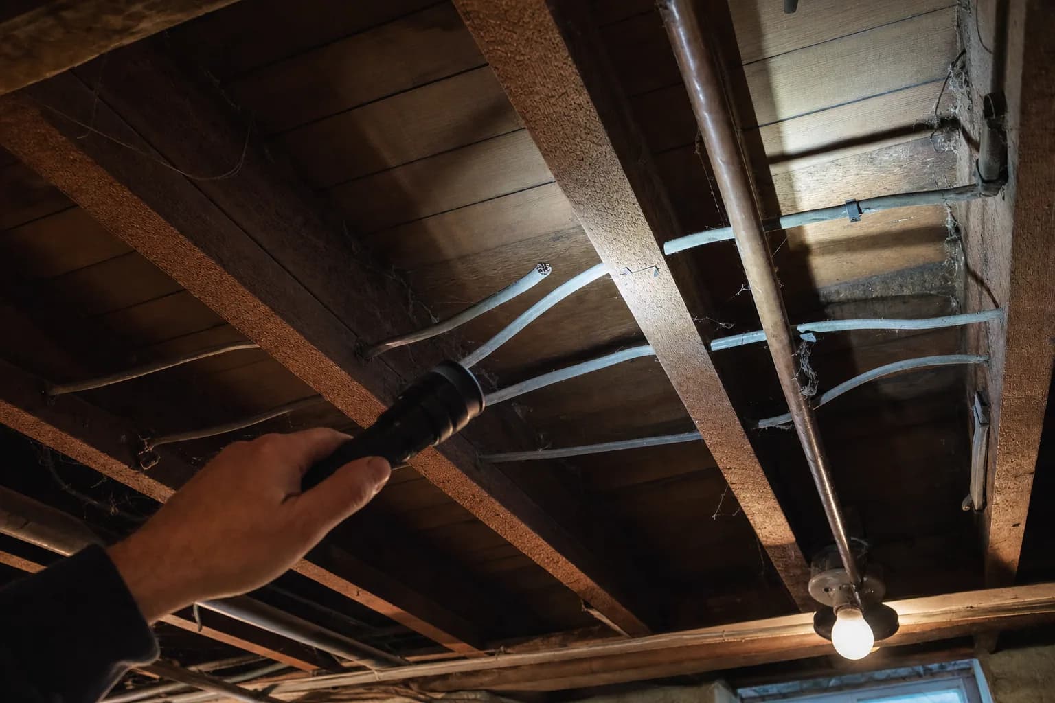 Older branch cables stapled across the joists of an unfinished 1970s basement, checked by flashlight