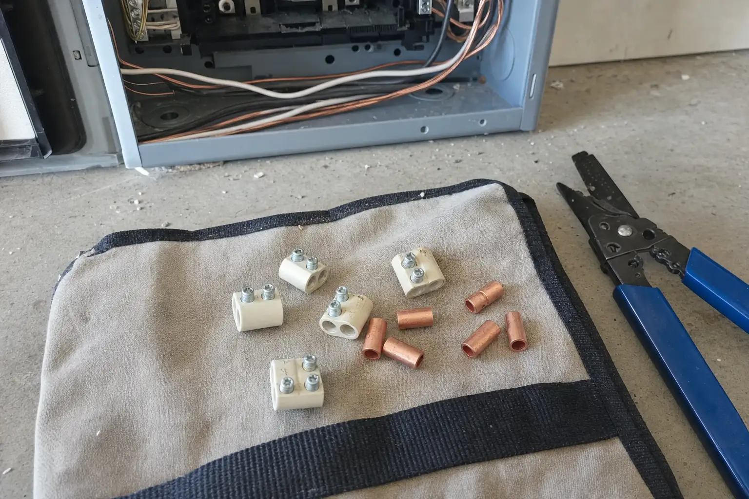 Approved aluminum-to-copper connectors laid out beside an opened panel