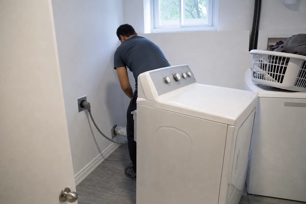Electric dryer pulled out from the wall to show its four-prong cord plugged into a NEMA 14-30 receptacle