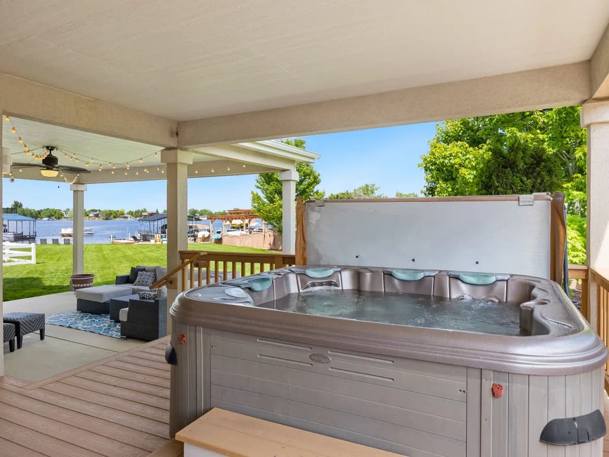 Hot tub on a covered backyard deck