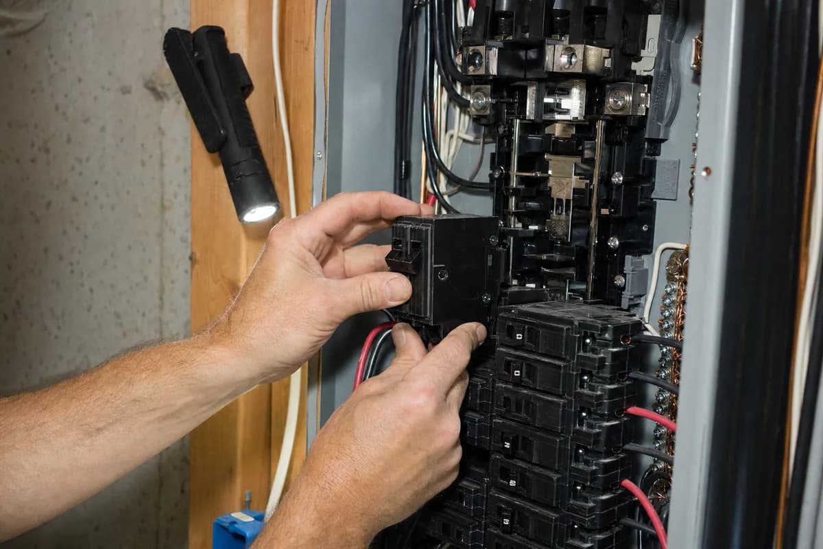 Electrician seating a new two-pole breaker onto the bus bar of an open residential panel