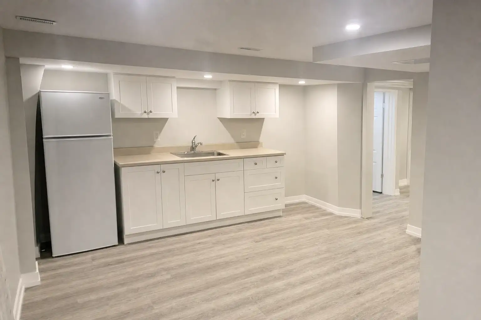 Finished basement suite kitchenette with pot lights