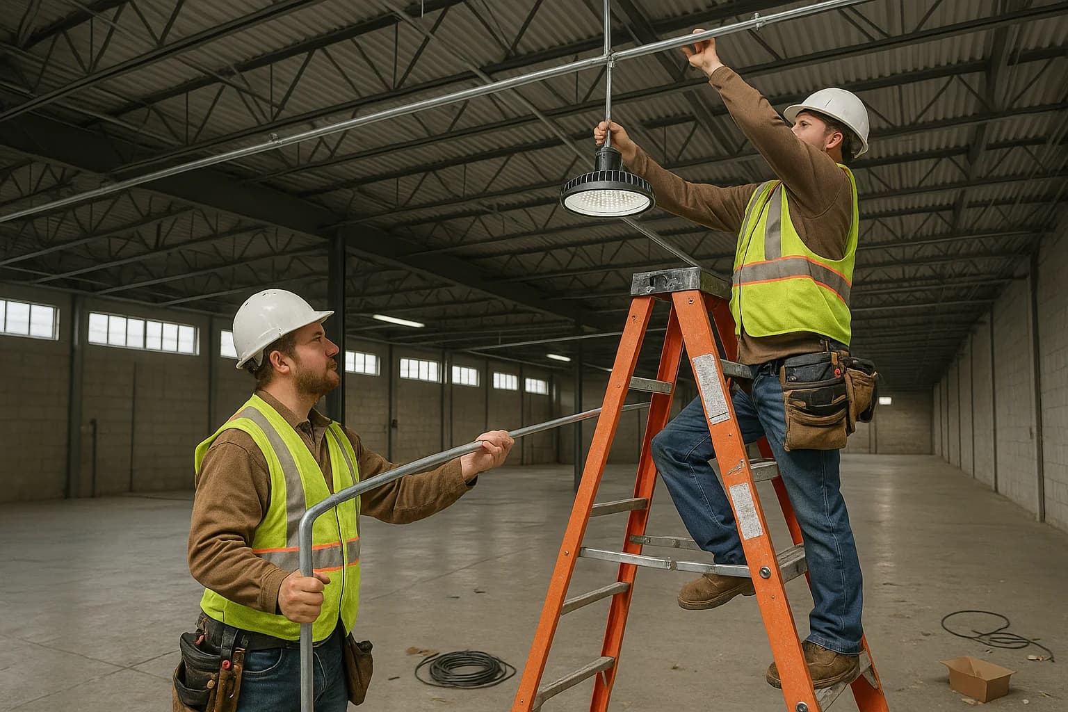 Electricians installing LED high-bay lighting in a Brampton warehouse