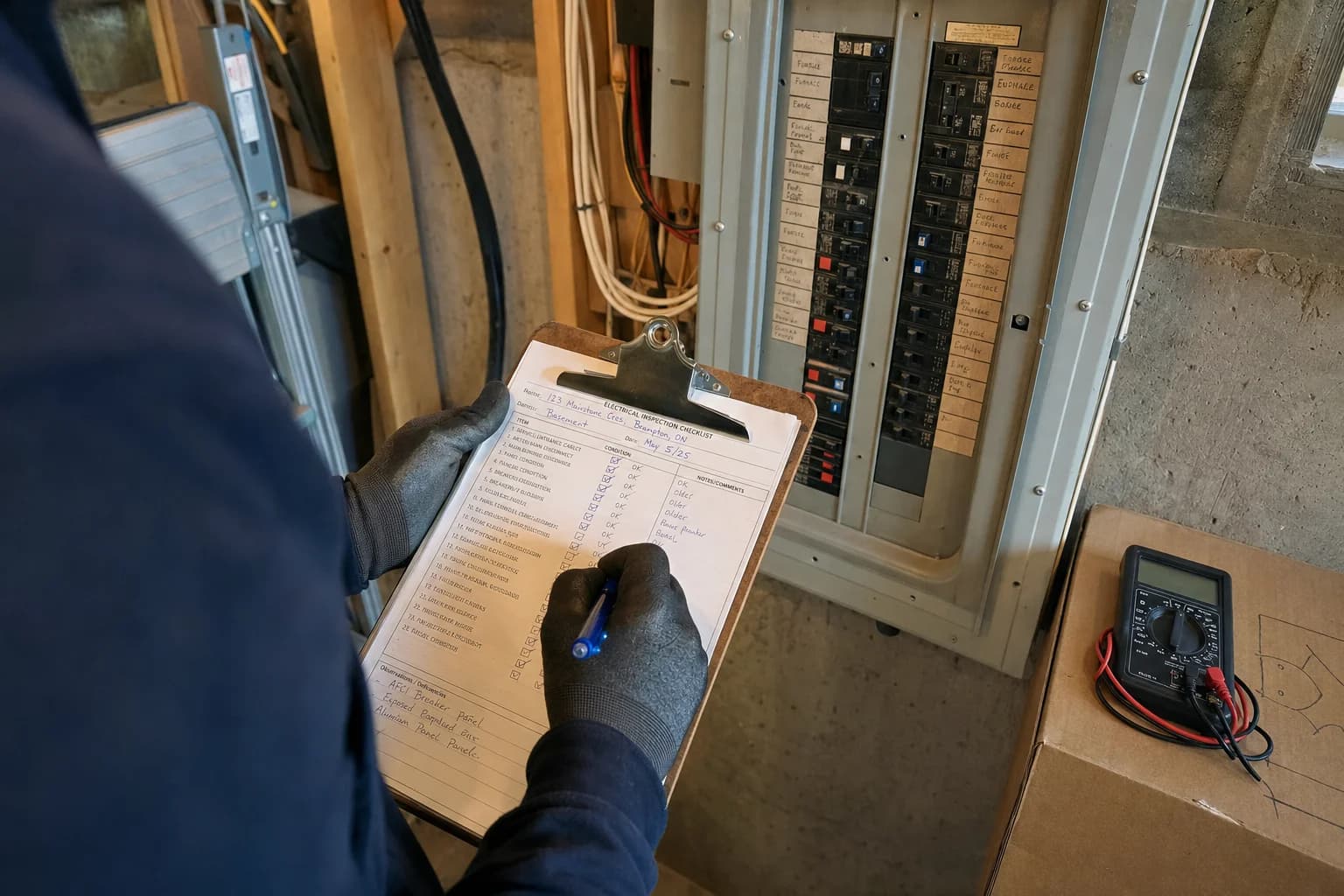Printed electrical inspection report with photos next to an open panel in a Brampton basement