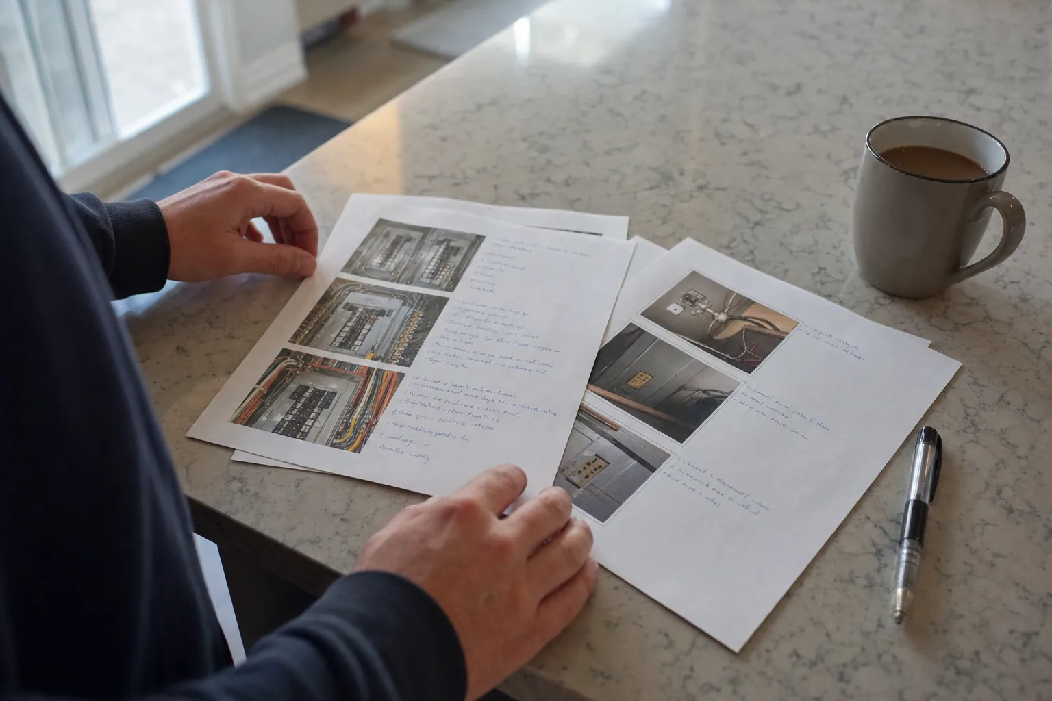 Printed electrical inspection report with photos and handwritten notes spread on a kitchen counter