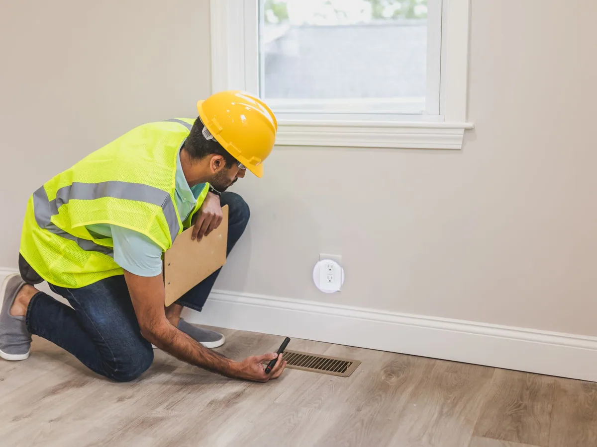 Inspector kneeling to check a wall outlet in an empty room