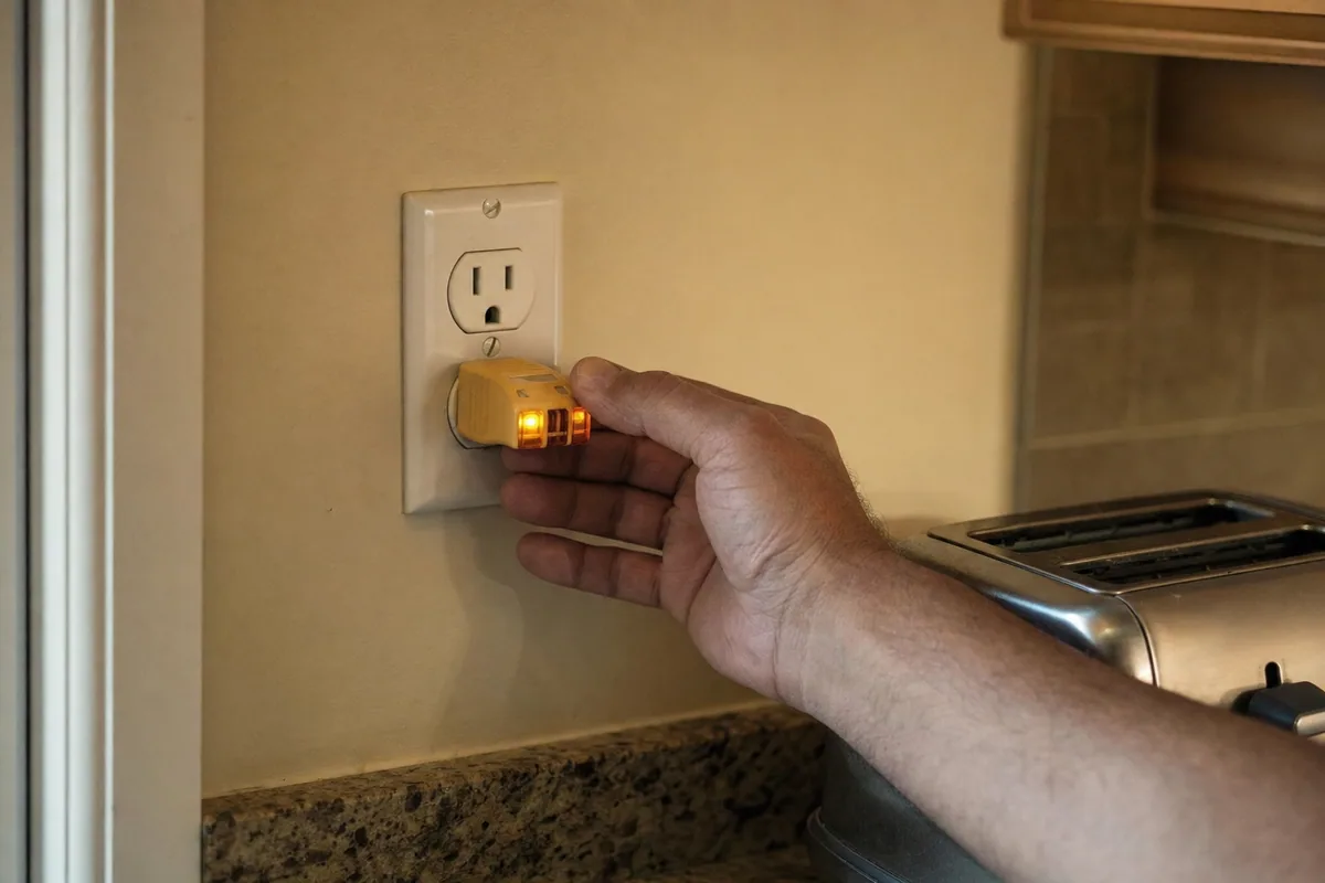 Plug-in receptacle tester in a kitchen outlet with two indicator lights lit