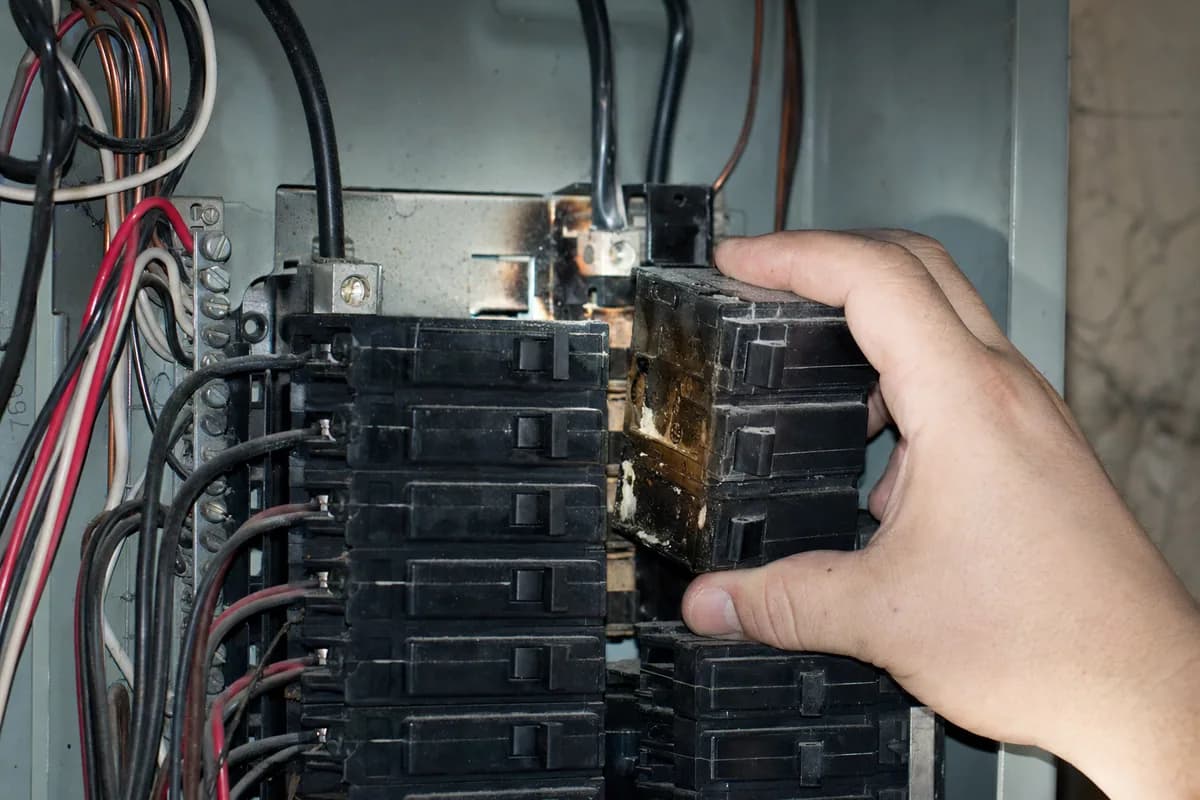 Circuit breaker with a scorched, partly melted housing inside a residential panel