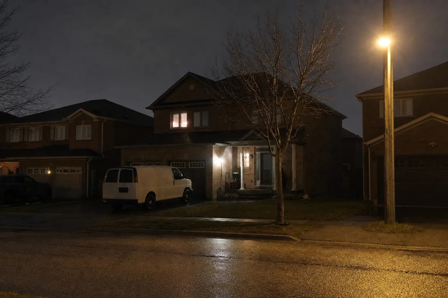 Work van in the driveway of a Brampton two-storey home at night, one upstairs window lit, the rest of the house dark