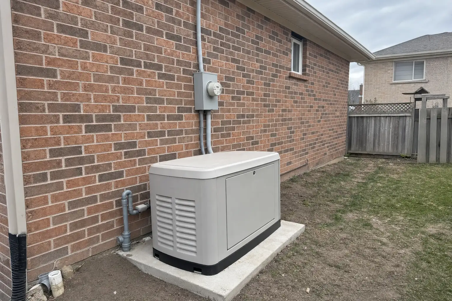 Standby generator installed on a pad beside a brick home
