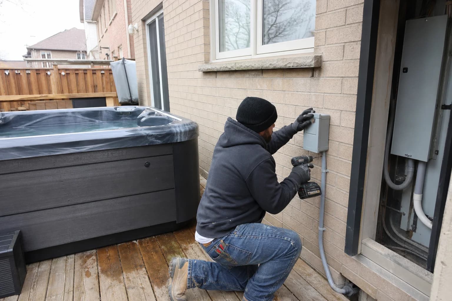 Weatherproof GFCI disconnect box mounted beside a backyard hot tub on a Brampton deck