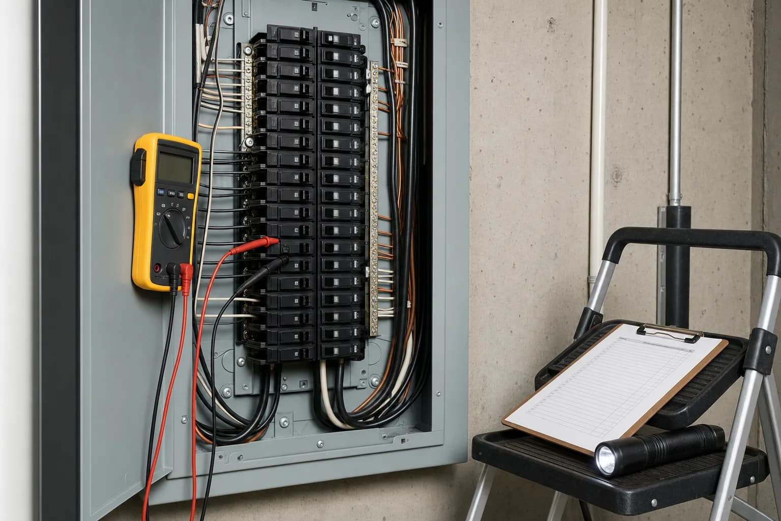 Multimeter testing an open electrical panel during the $49 assessment