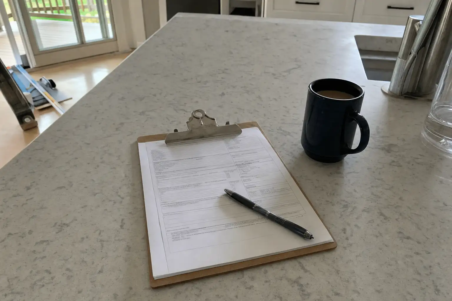 Itemized written quote on a clipboard at a kitchen table