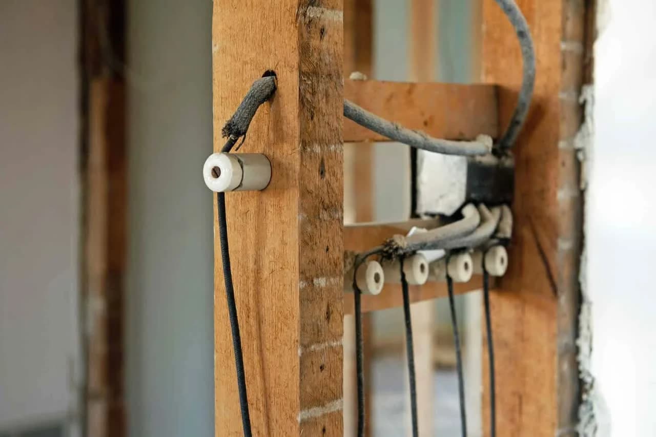 Old knob and tube wiring with ceramic insulators on wood studs