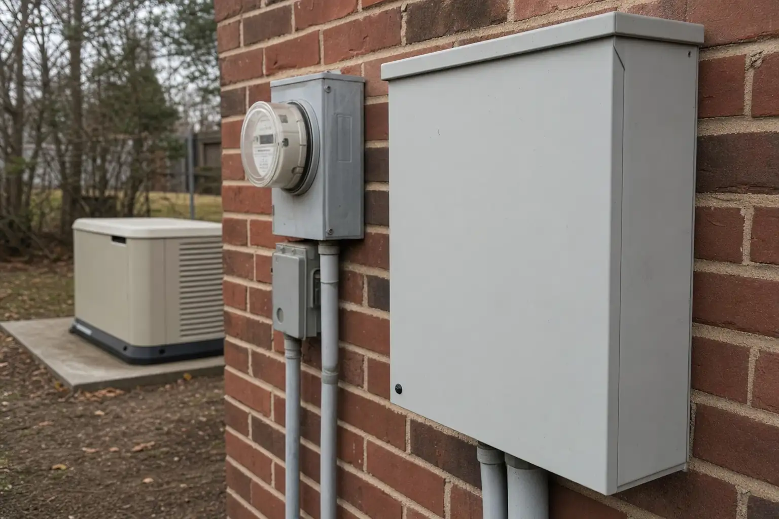 Automatic transfer switch beside the utility meter with standby generator on its pad
